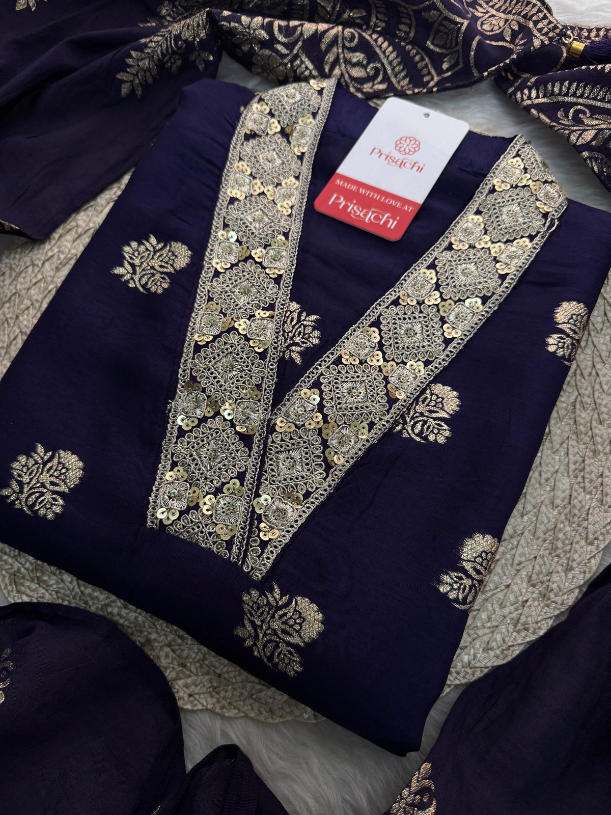 Purple Designer Embroidered Ethnic Kurta set with Pants & Banarasi Dupatta