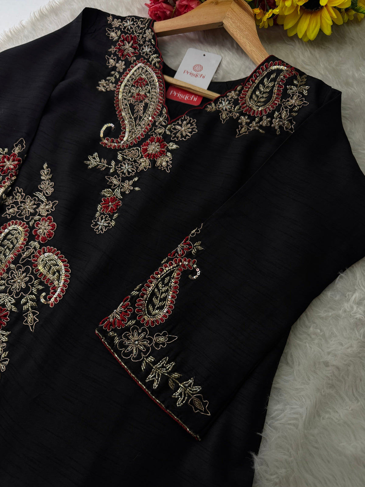Black Embroidered Ethnic Kurta Set for Women with Pants & Dupatta