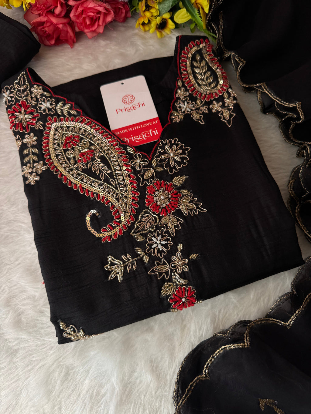 Black Embroidered Ethnic Kurta Set for Women with Pants & Dupatta