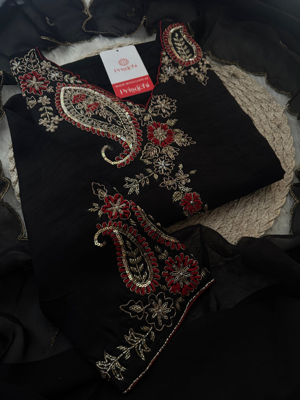 Black Embroidered Ethnic Kurta Set for Women with Pants & Dupatta