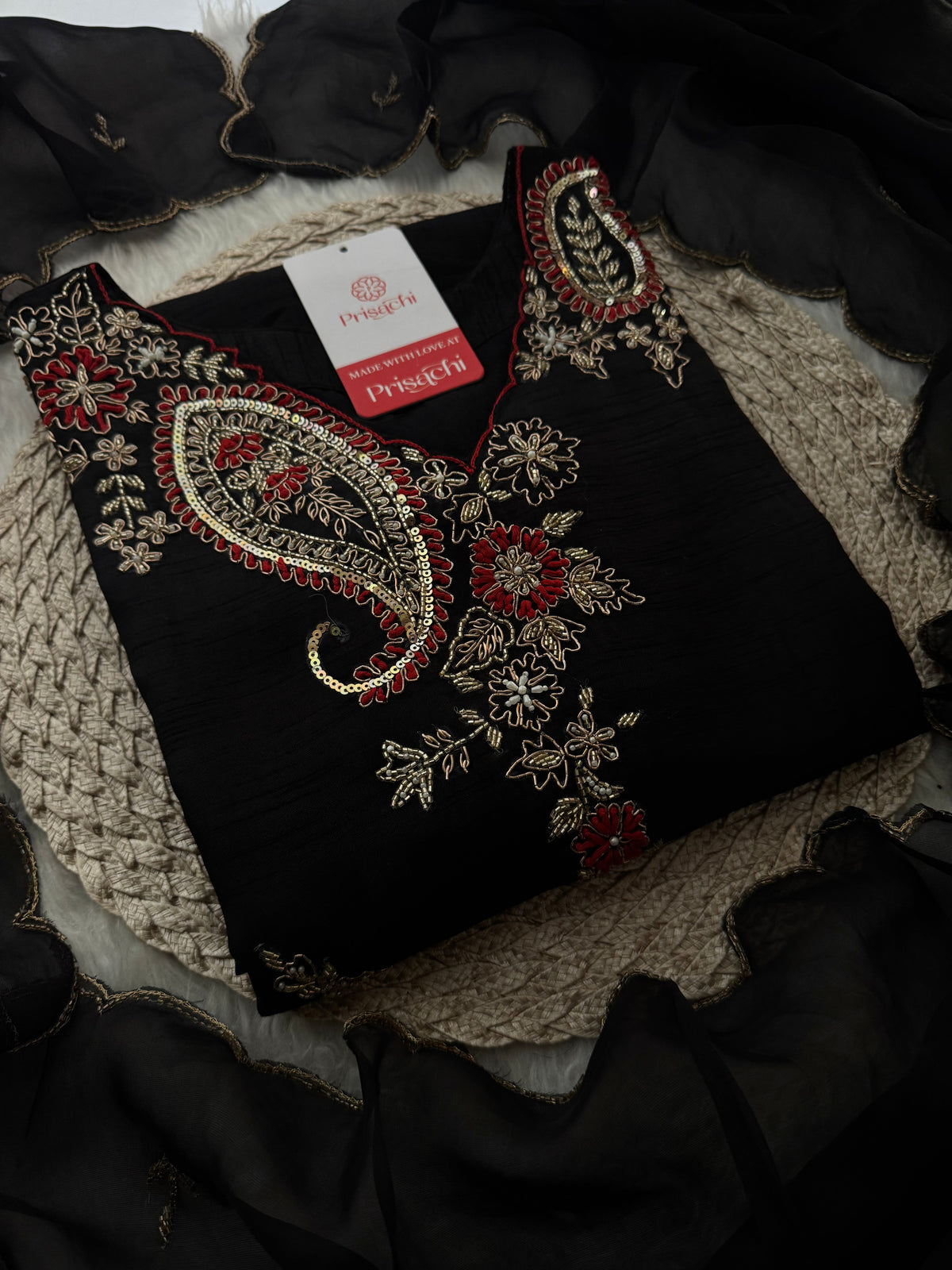 Black Embroidered Ethnic Kurta Set for Women with Pants & Dupatta