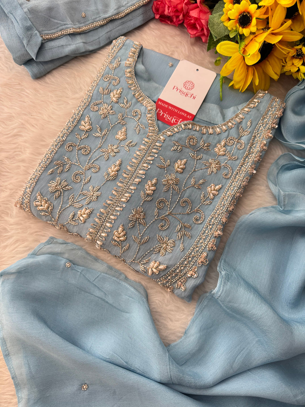 Sky Blue Embroidered Ethnic Kurti Sharara Set with Dupatta