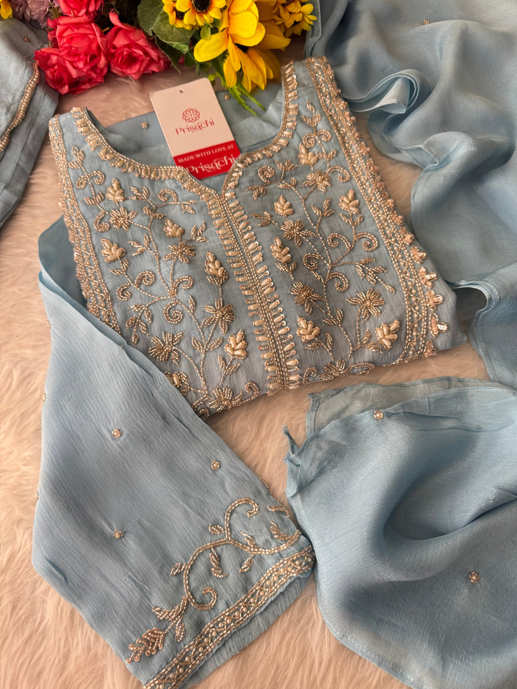 Sky Blue Embroidered Ethnic Kurti Sharara Set with Dupatta