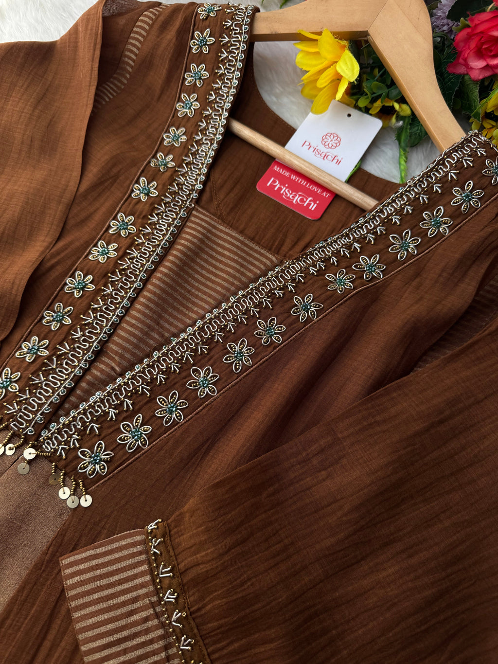 Brown Embroidered A-Line Kurta Set with Dupatta & Pants