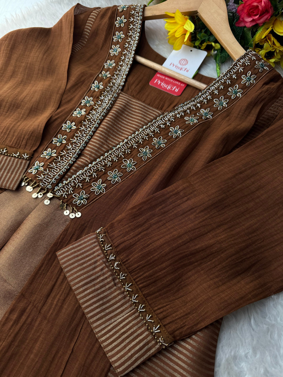 Brown Embroidered A-Line Kurta Set with Dupatta & Pants