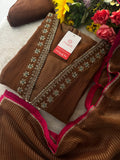 Brown Embroidered A-Line Kurta Set with Dupatta & Pants
