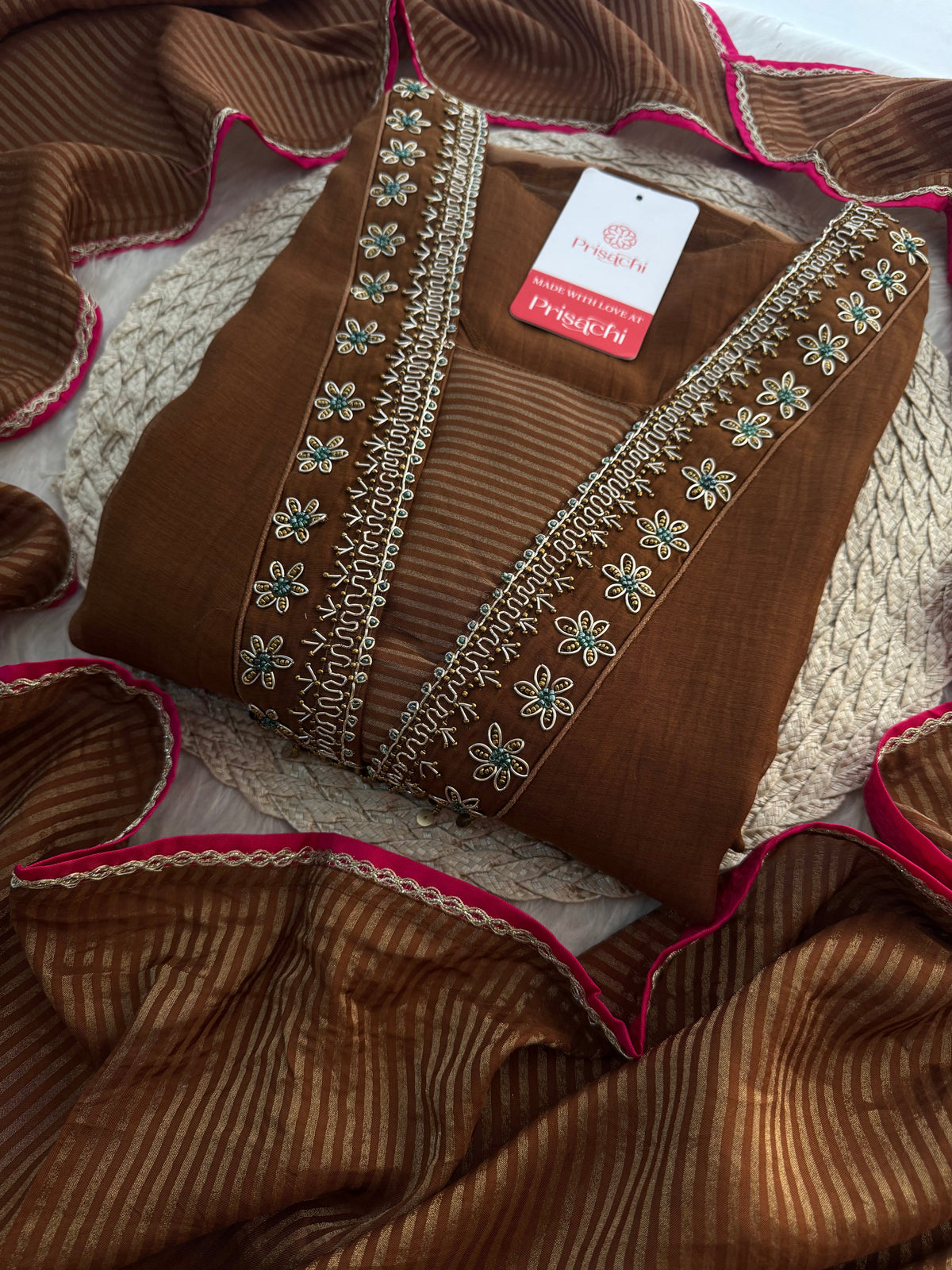 Brown Embroidered A-Line Kurta Set with Dupatta & Pants