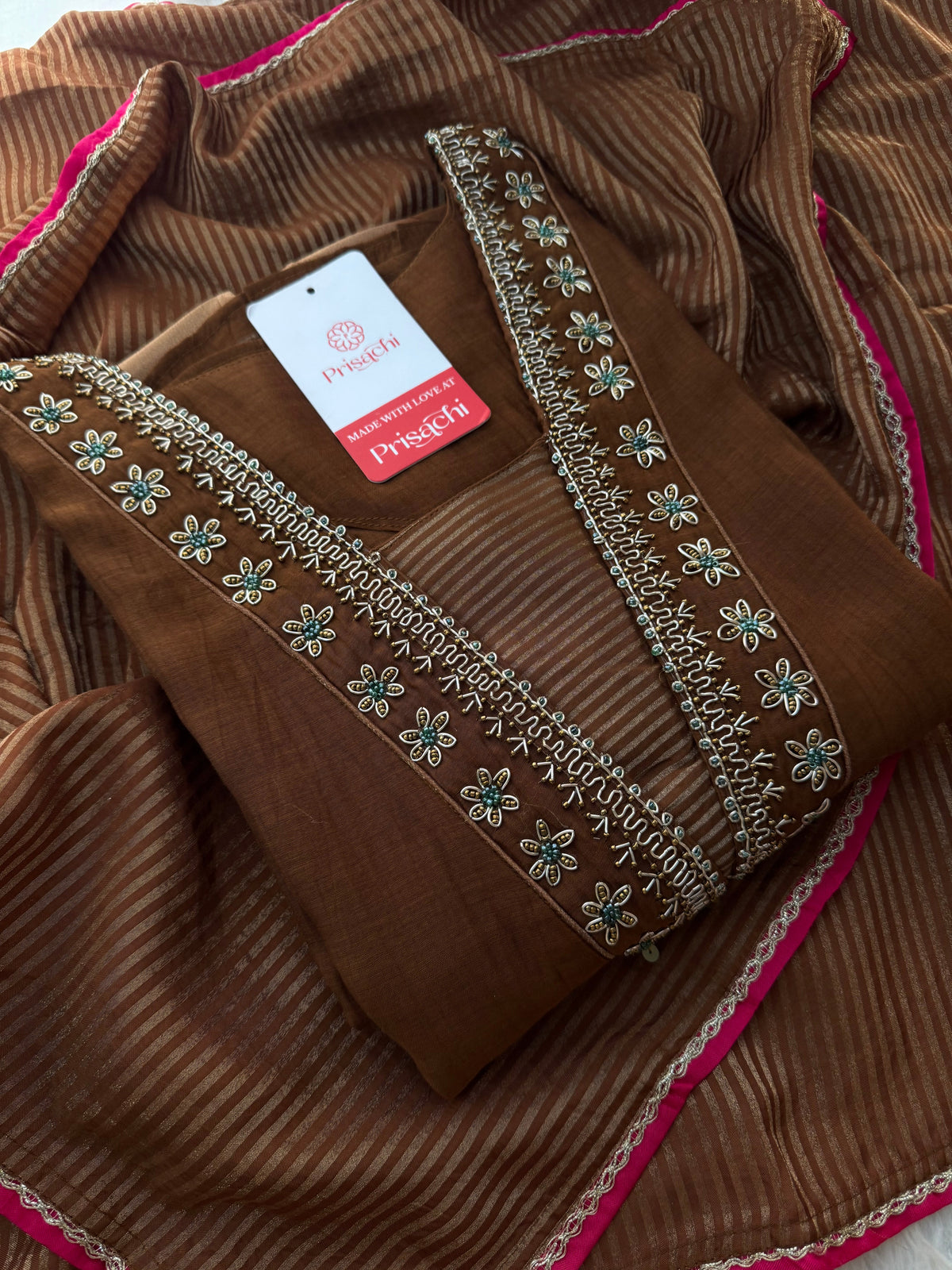Brown Embroidered A-Line Kurta Set with Dupatta & Pants