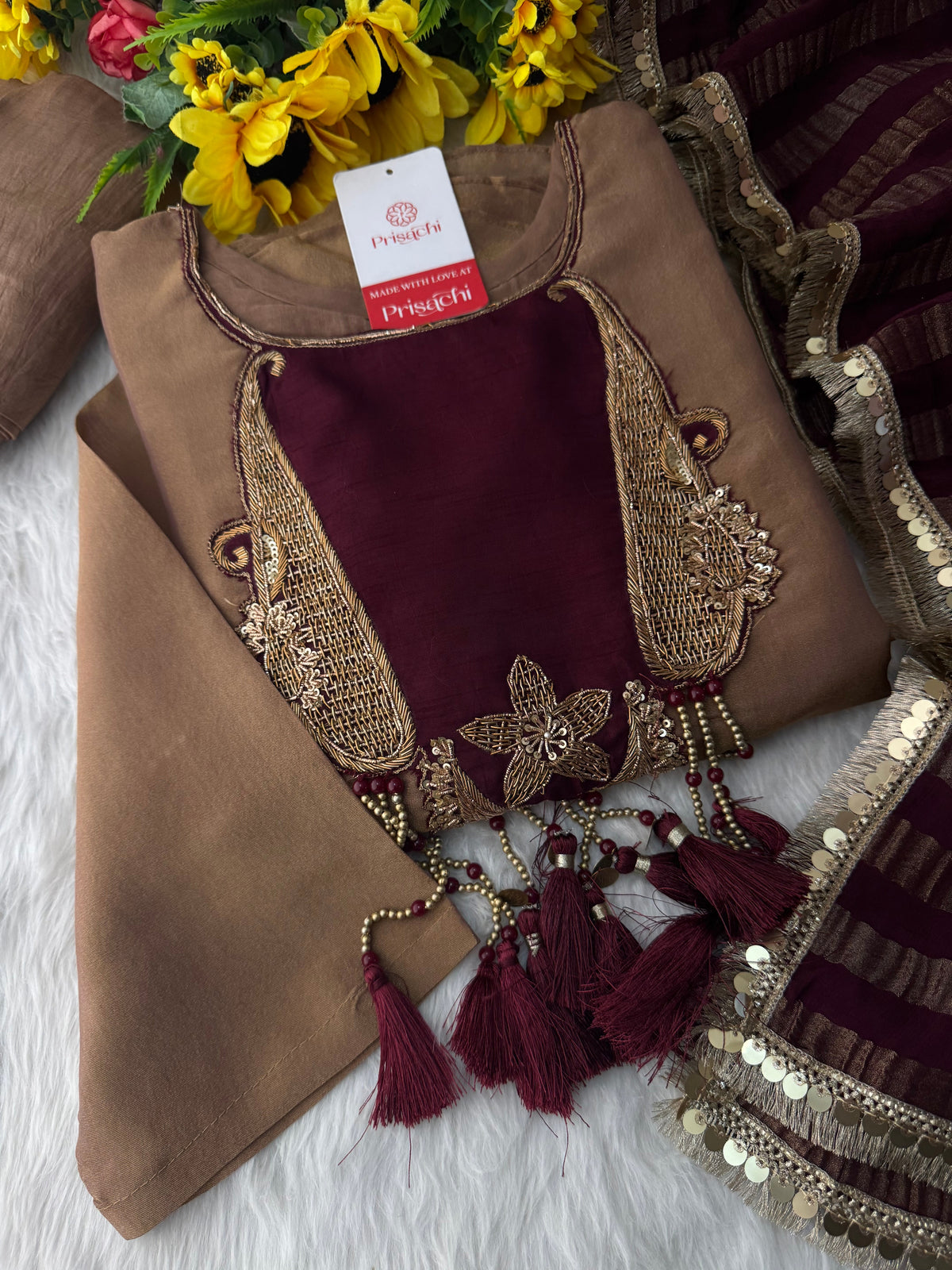 Brown A-Line Kurta Set with Pants and Dupatta for Women