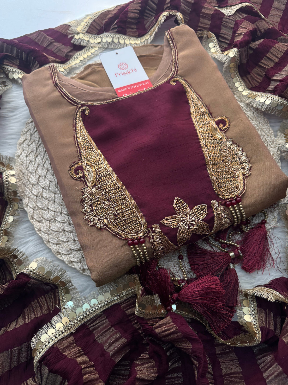 Brown A-Line Kurta Set with Pants and Dupatta for Women