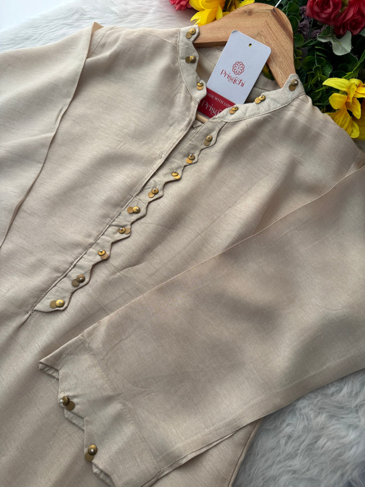Beige Kurta Set for Women with Pants & Floral Embroidered Designer Dupatta