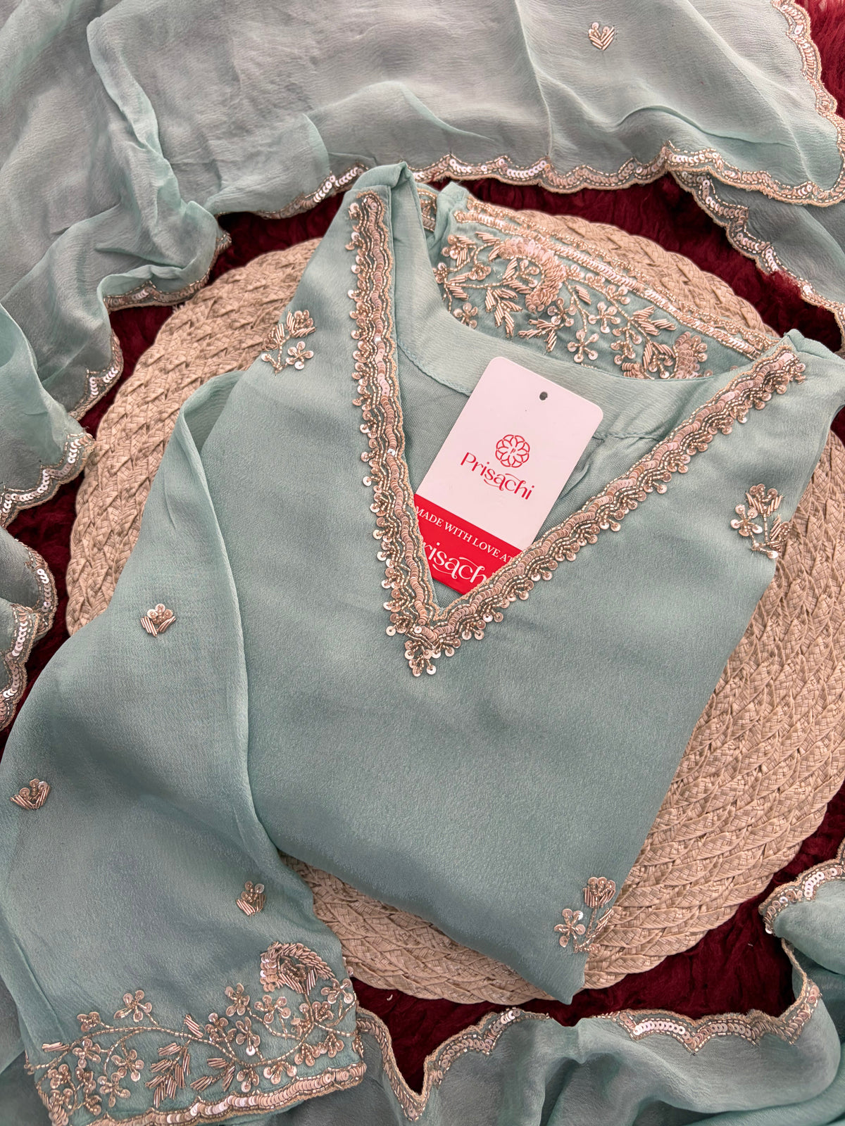 Sky Blue Zardozi Embroidered Kurti Set with Sharara And Dupatta | Festive & Wedding Ethnic Suit Set