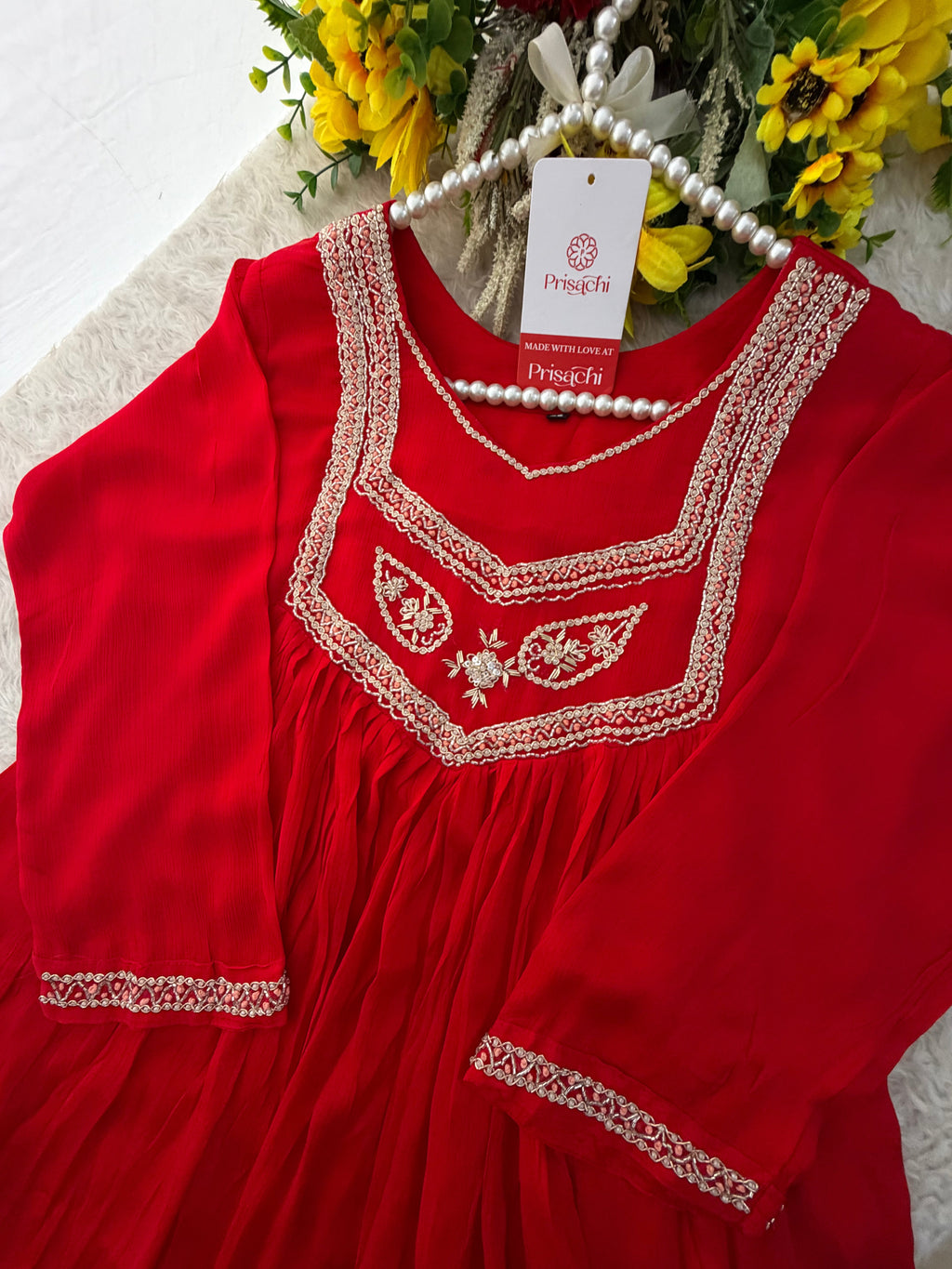 Red Zardozi Embroidered Ethnic A-Line kurta set with dupatta and Pants | Traditional Festive Suit