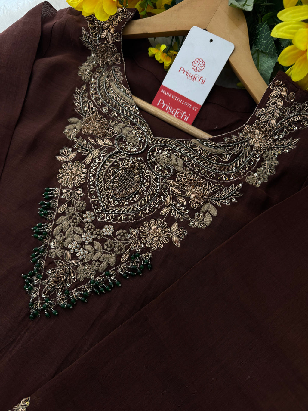 Brown Designer Embroidered Ethnic A-Line Kurta Set with Pants & Dupatta