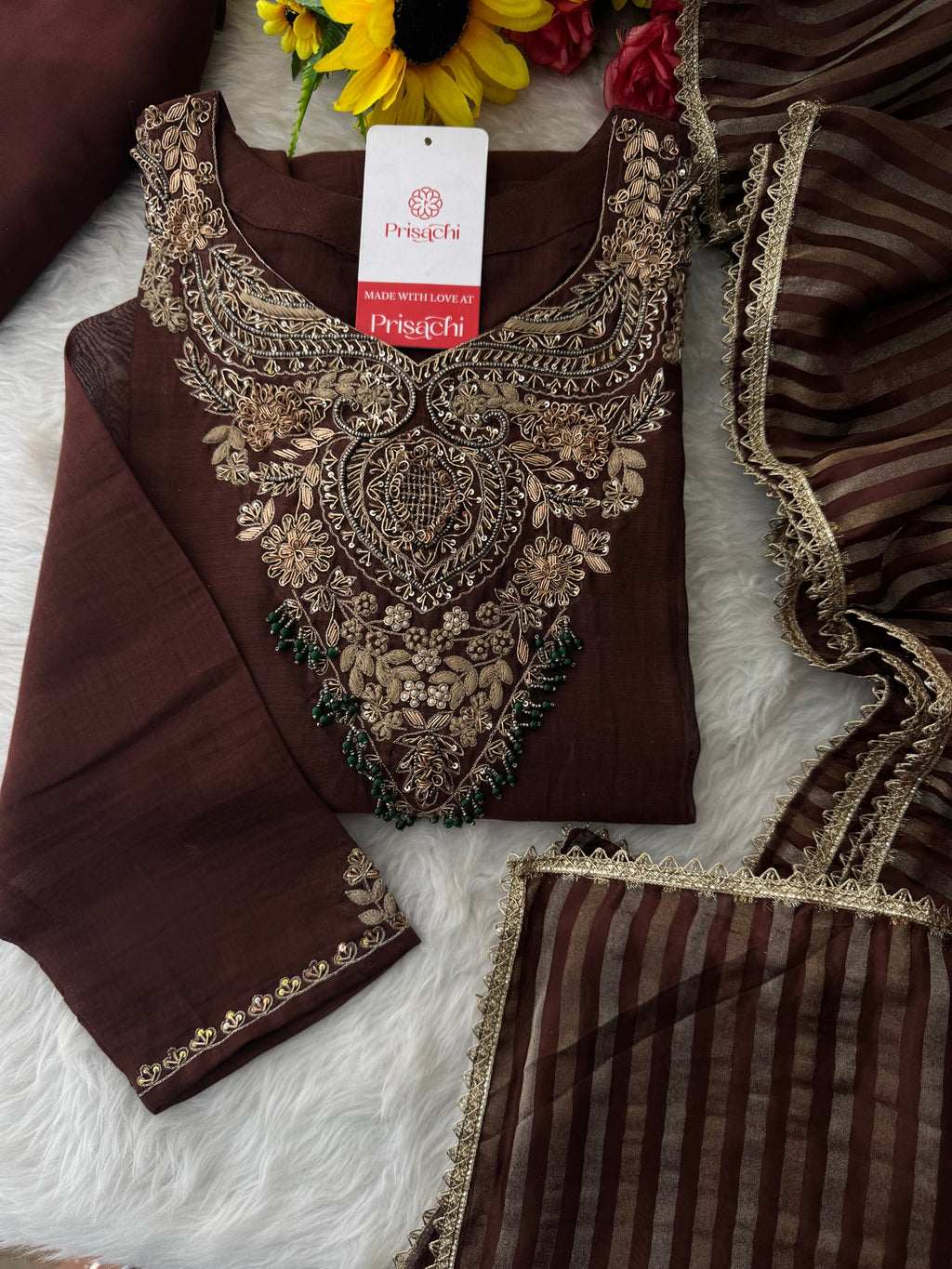 Brown Designer Embroidered Ethnic A-Line Kurta Set with Pants & Dupatta