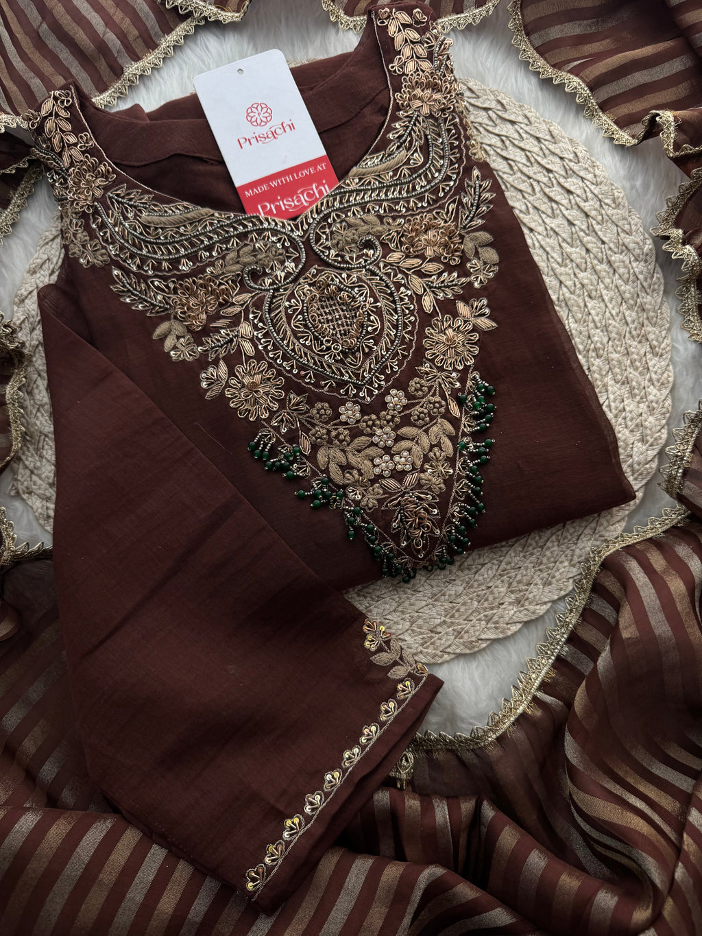 Brown Designer Embroidered Ethnic A-Line Kurta Set with Pants & Dupatta