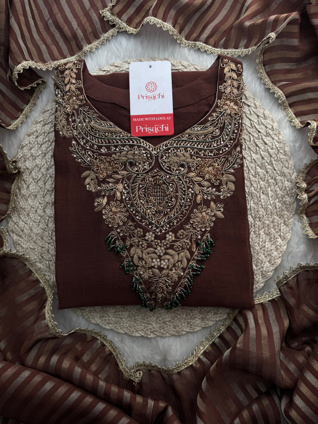 Brown Designer Embroidered Ethnic A-Line Kurta Set with Pants & Dupatta