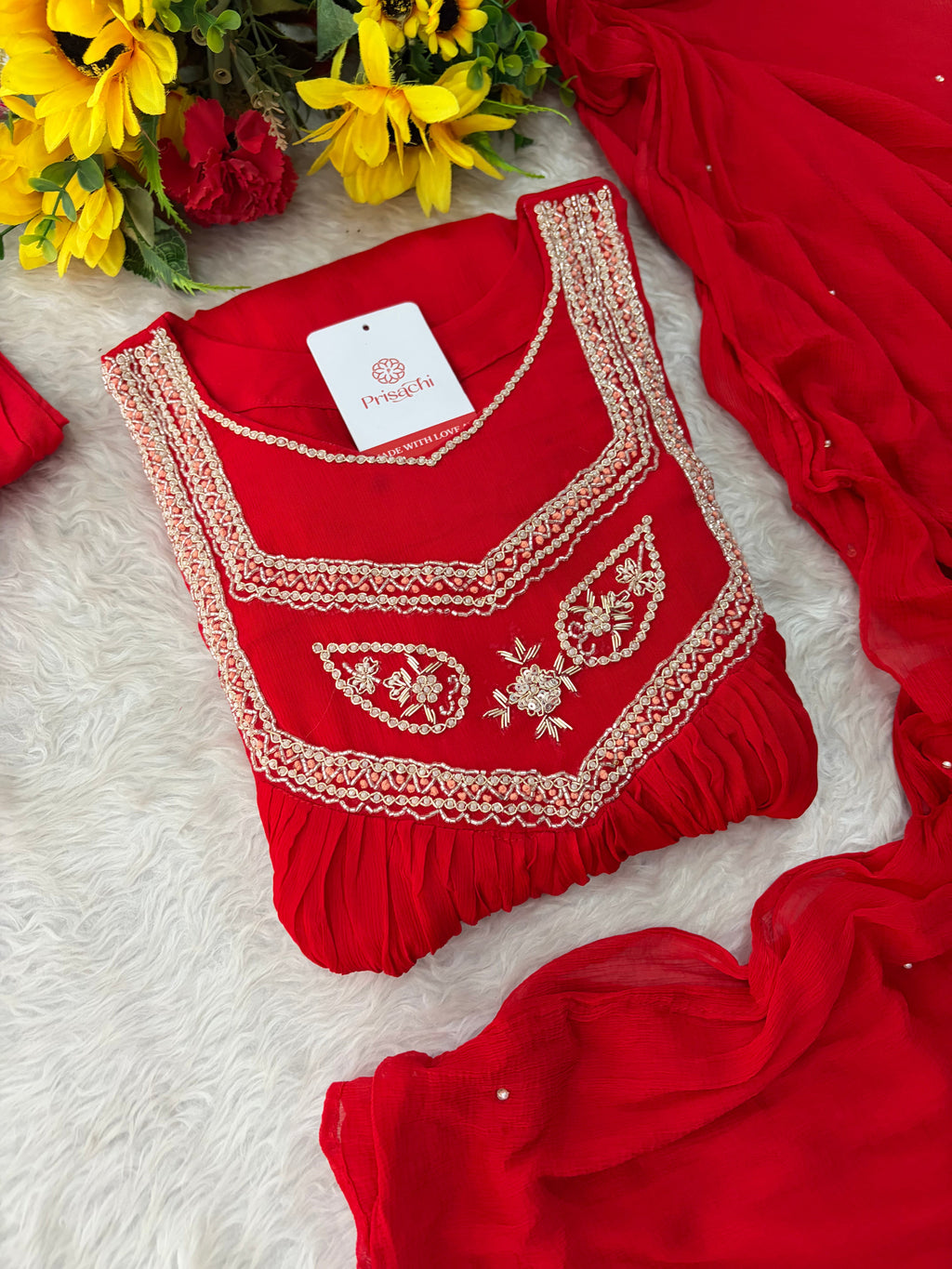 Red Zardozi Embroidered Ethnic A-Line kurta set with dupatta and Pants | Traditional Festive Suit