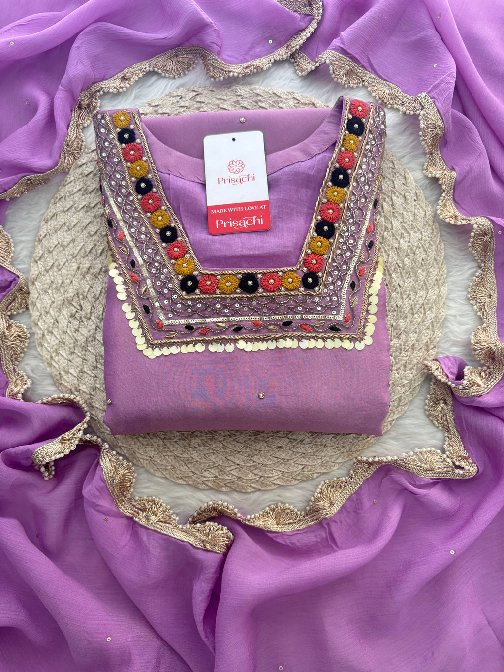 Purple Embroidered Ethnic Kurta Set for Women with Pants & Dupatta