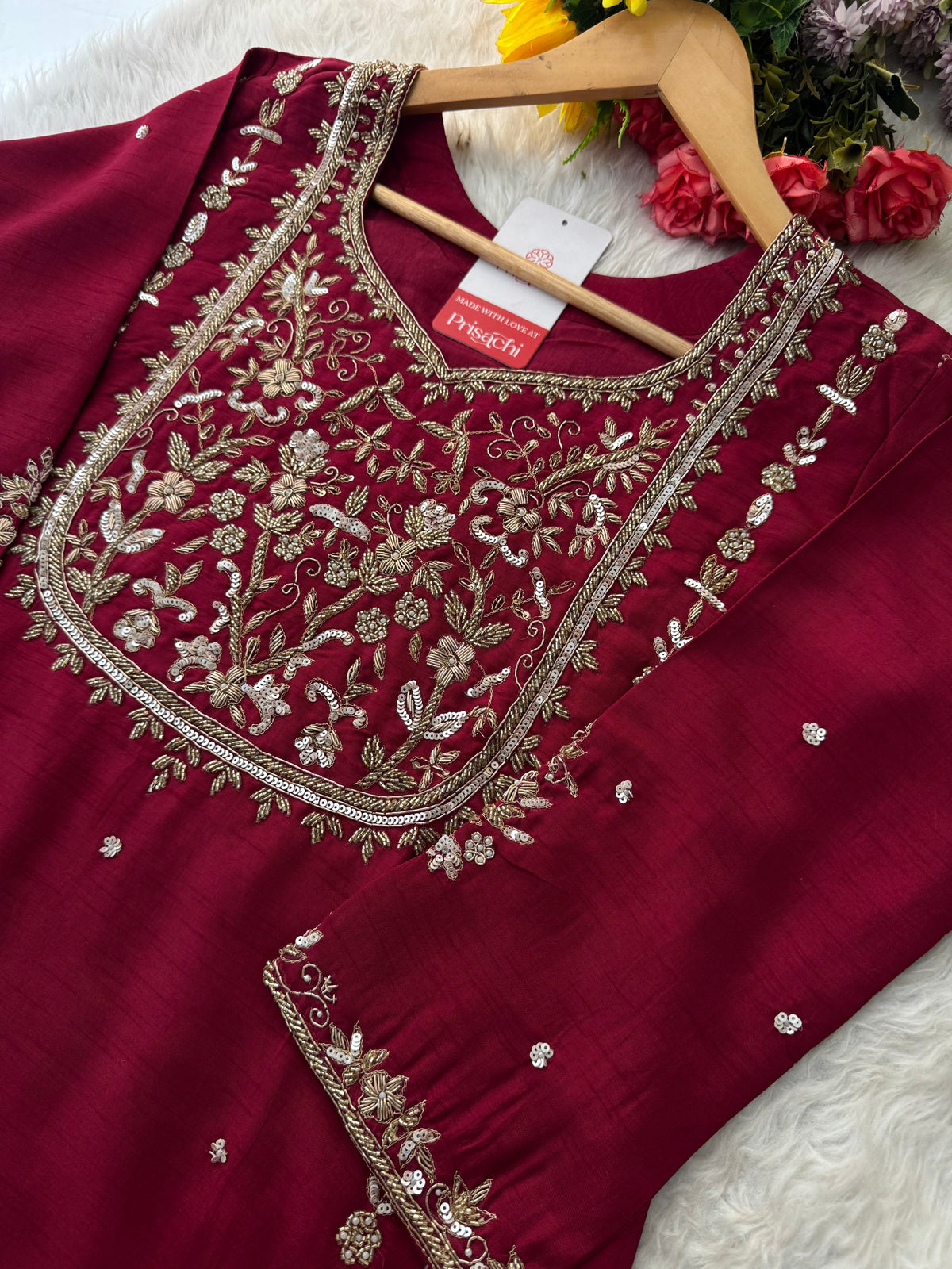 Wine Hand Embroidered Designer Ethnic Kurta Set with Pants & Dupatta