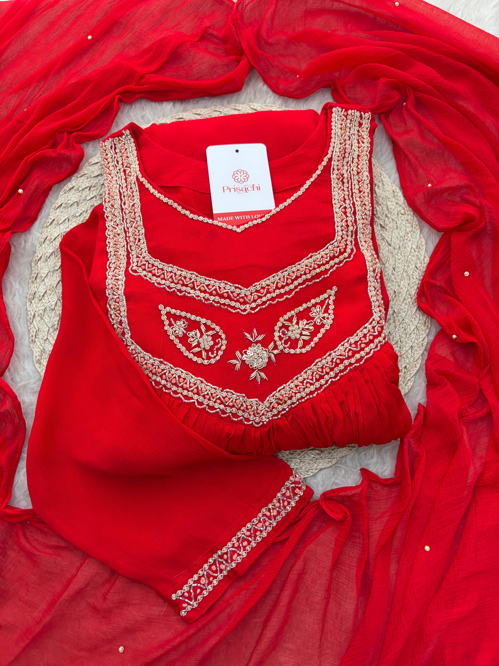 Red Zardozi Embroidered Ethnic A-Line kurta set with dupatta and Pants | Traditional Festive Suit