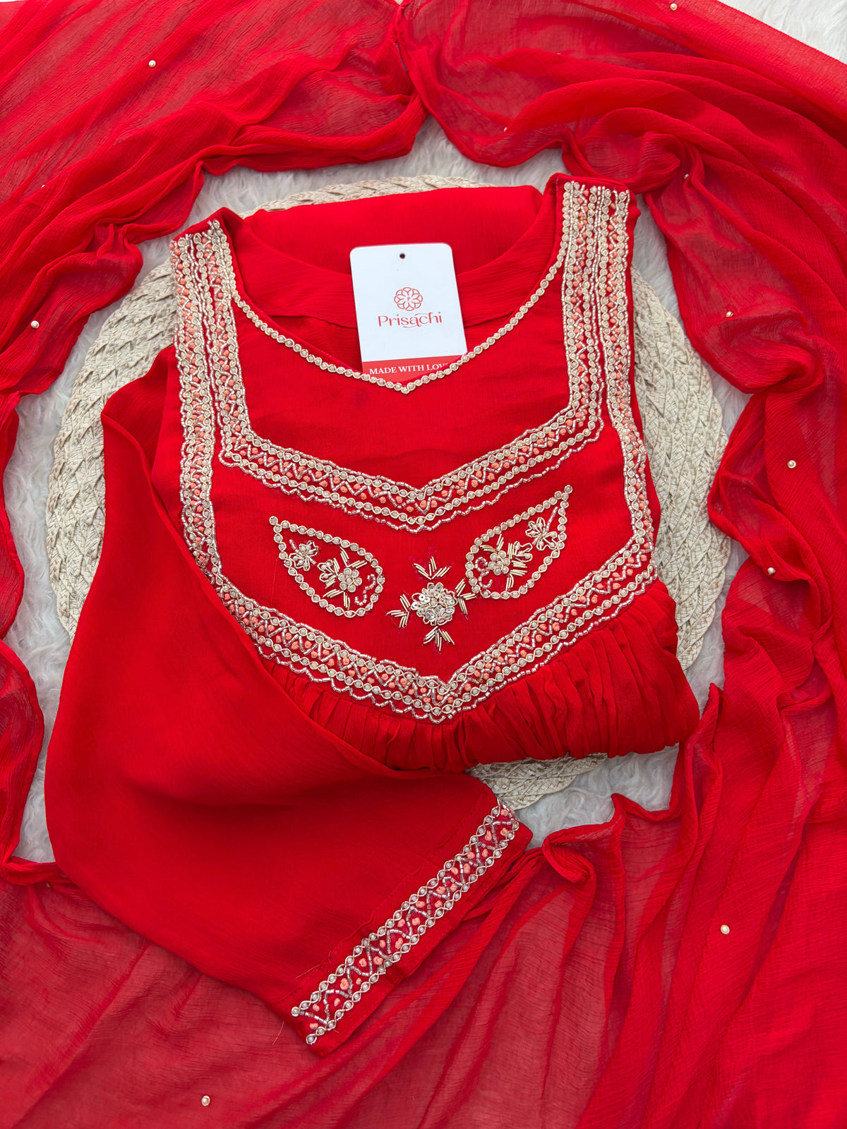 Red Zardozi Embroidered Ethnic A-Line kurta set with dupatta and Pants | Traditional Festive Suit