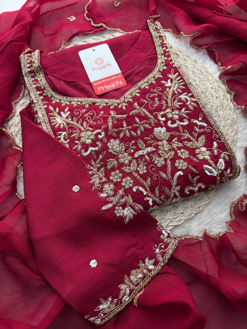 Wine Hand Embroidered Designer Ethnic Kurta Set with Pants & Dupatta