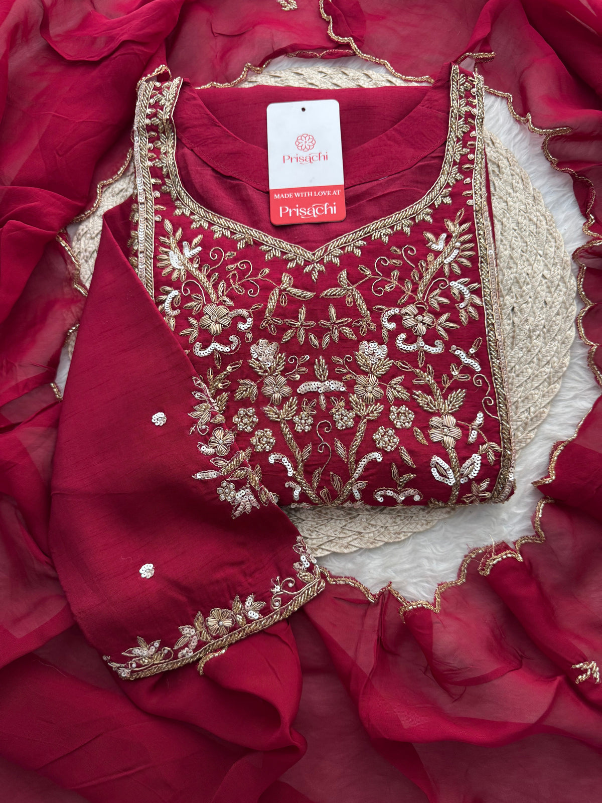 Wine Hand Embroidered Designer Ethnic Kurta Set with Pants & Dupatta