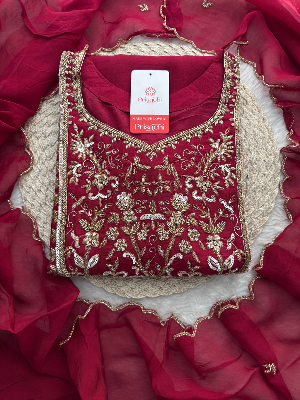 Wine Hand Embroidered Designer Ethnic Kurta Set with Pants & Dupatta