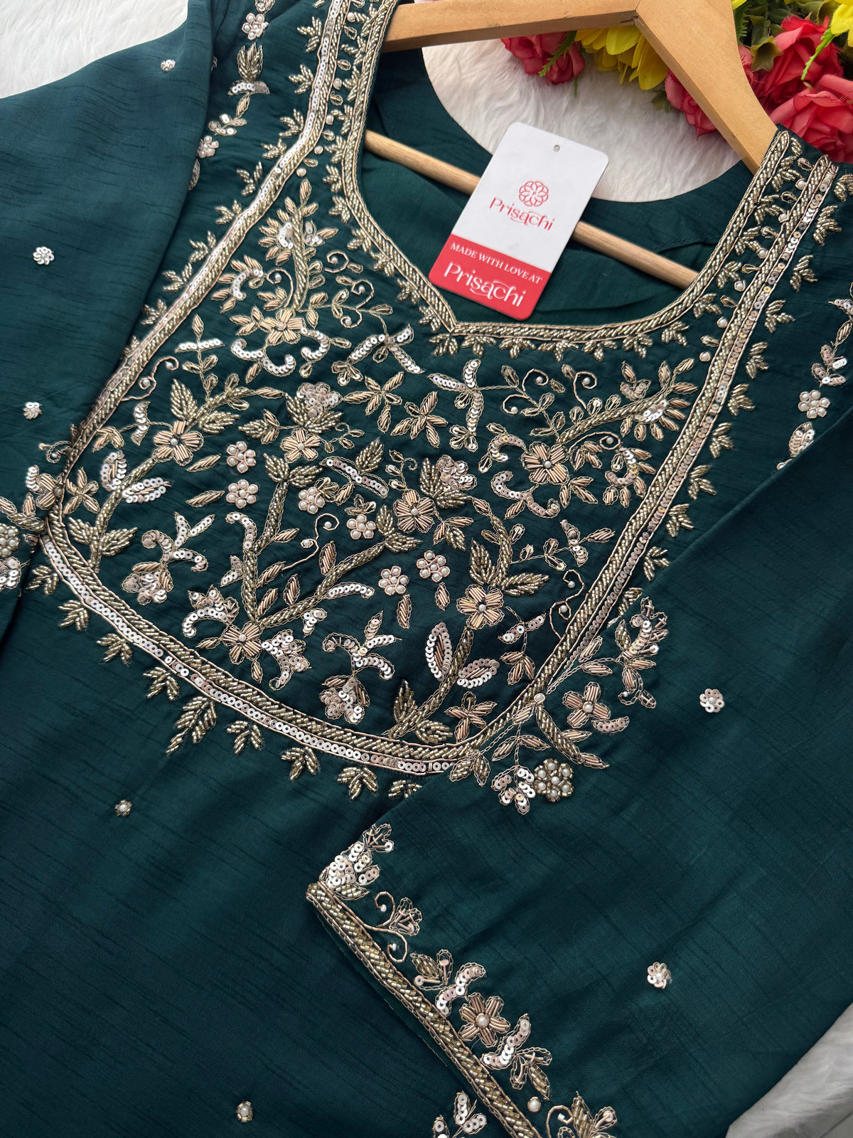 Green Hand Embroidered Designer Ethnic Kurta Set with Pants & Dupatta