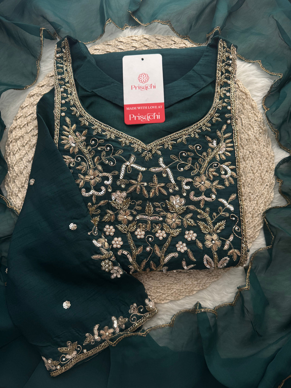 Green Hand Embroidered Designer Ethnic Kurta Set with Pants & Dupatta