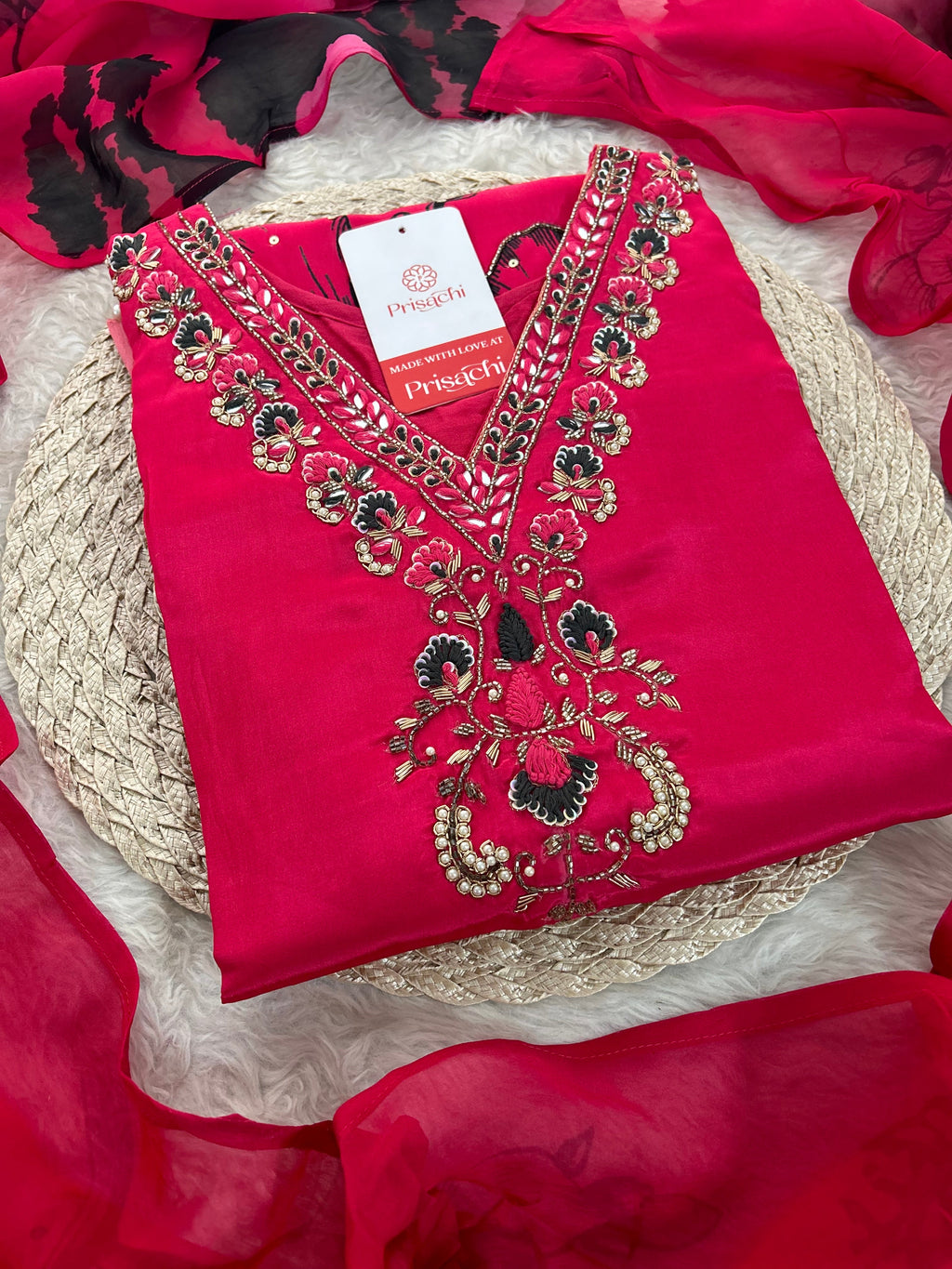 Pink Floral Printed Embroidered Kurta Set with Pants & Dupatta for Women | Designer Ethnic Suit