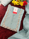 Blue Embroidered A-Line Ethnic Kurta Set with Dupatta & Pants