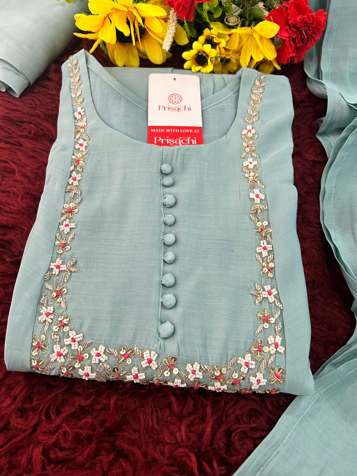 Blue Embroidered A-Line Ethnic Kurta Set with Dupatta & Pants