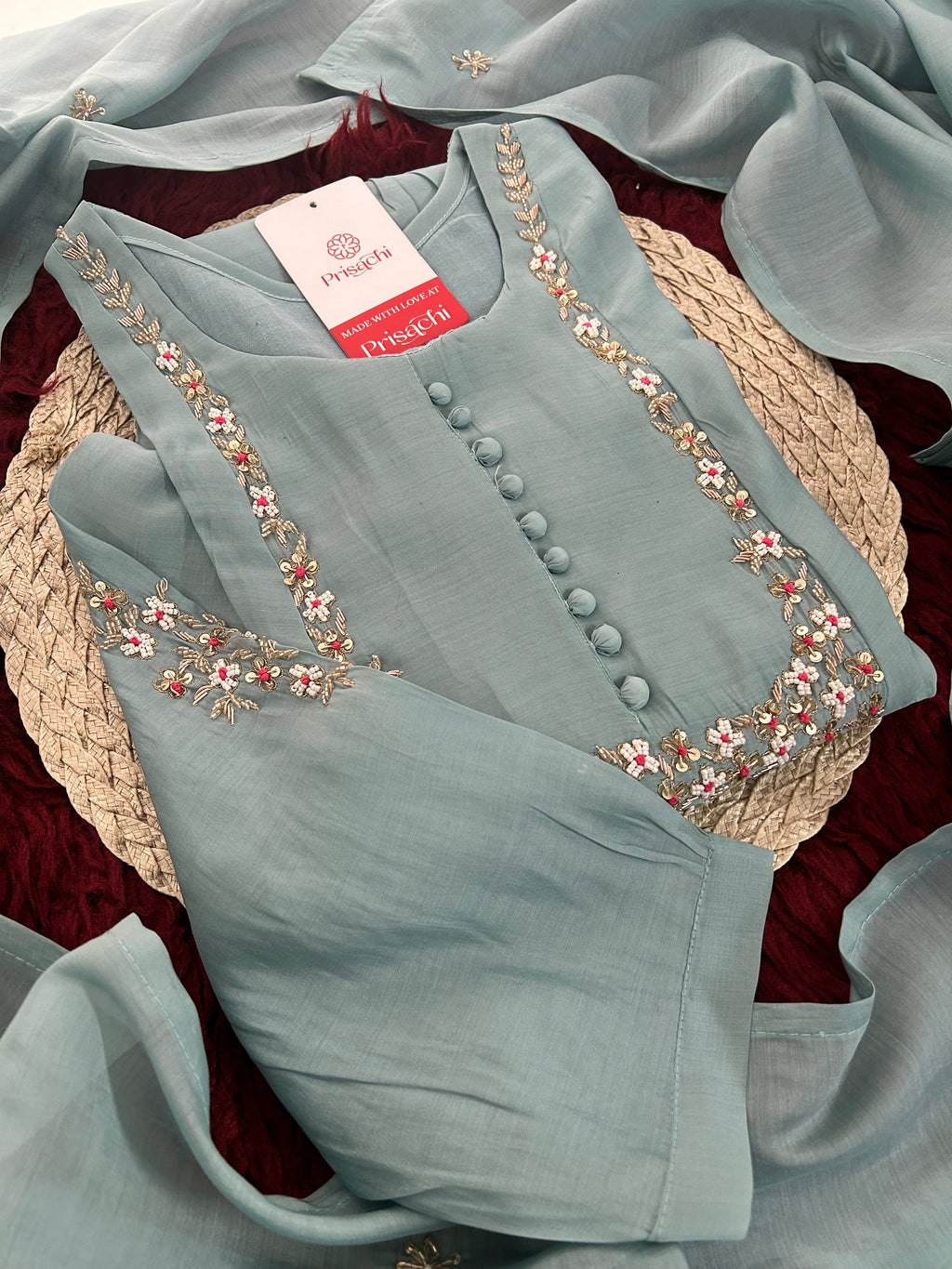 Blue Embroidered A-Line Ethnic Kurta Set with Dupatta & Pants