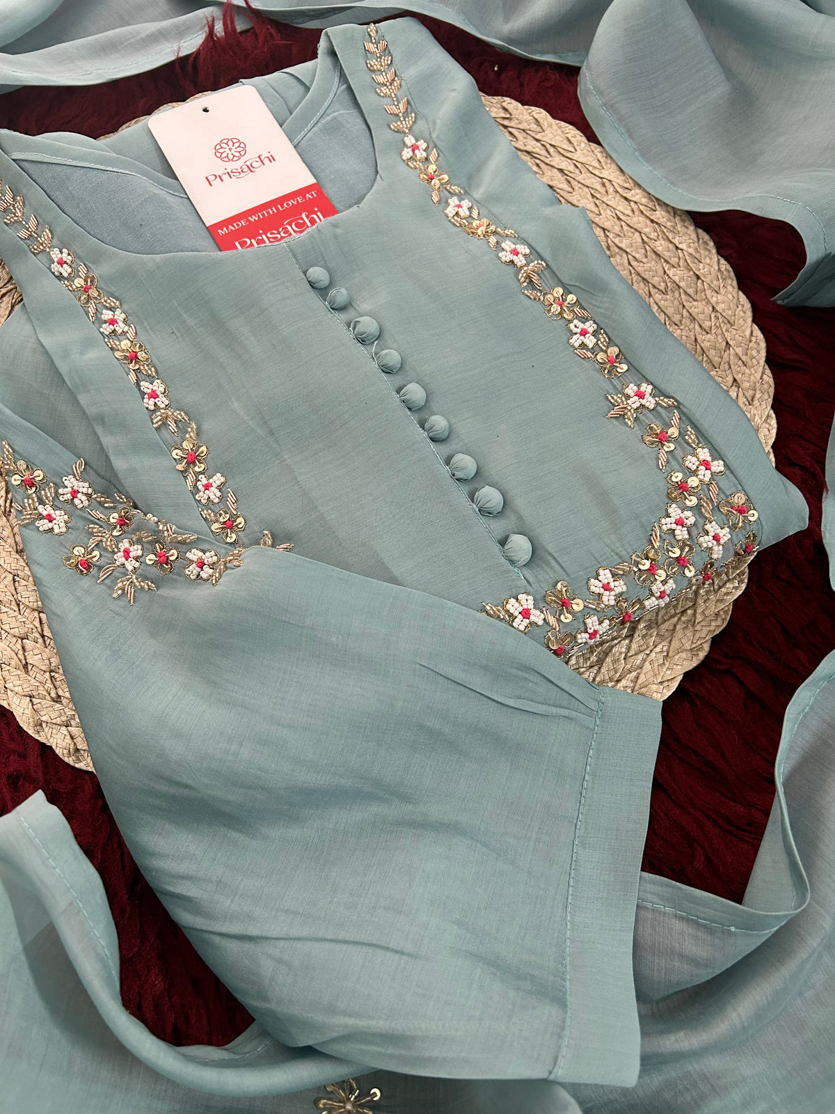 Blue Embroidered A-Line Ethnic Kurta Set with Dupatta & Pants