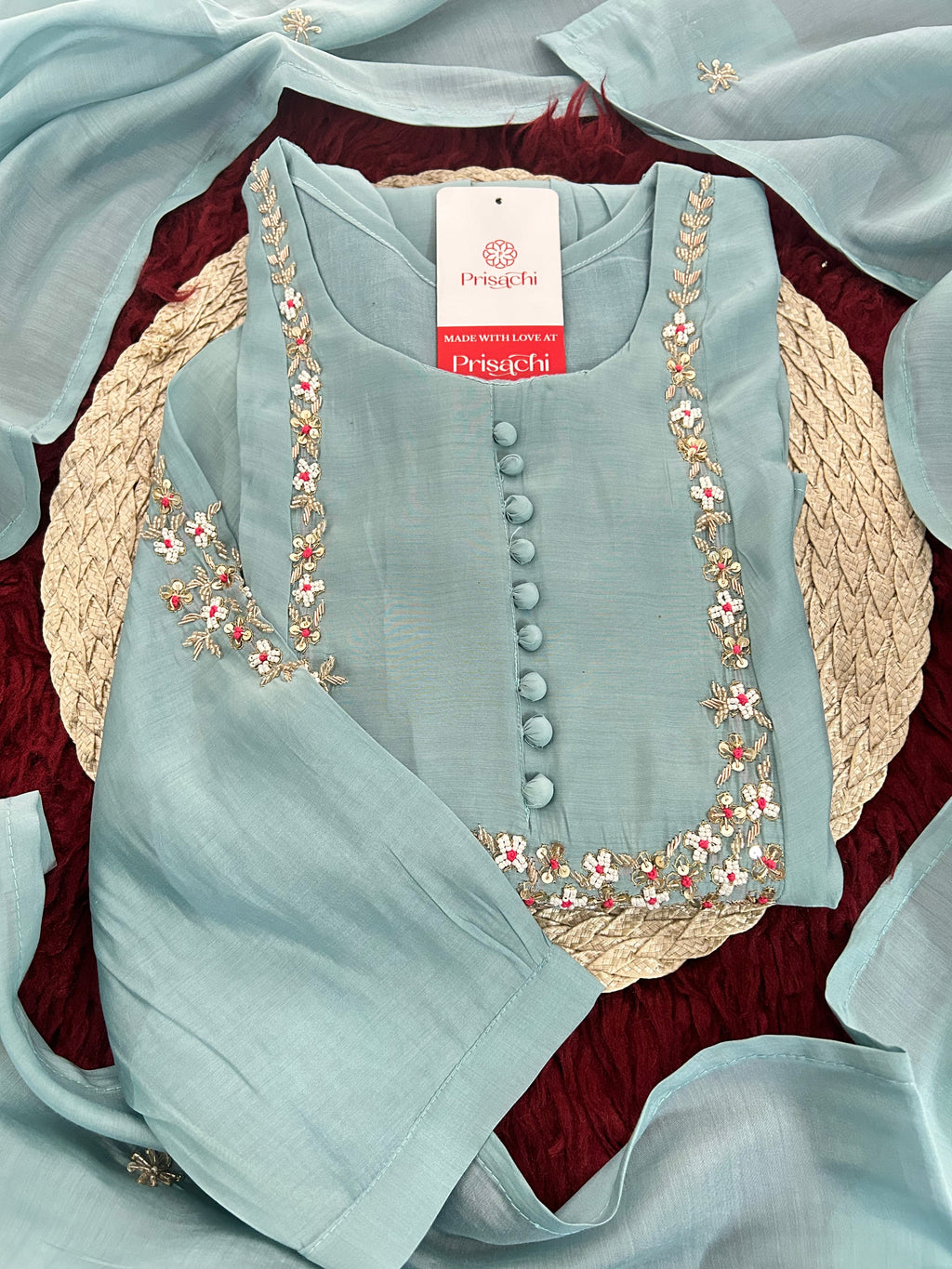 Blue Embroidered A-Line Ethnic Kurta Set with Dupatta & Pants