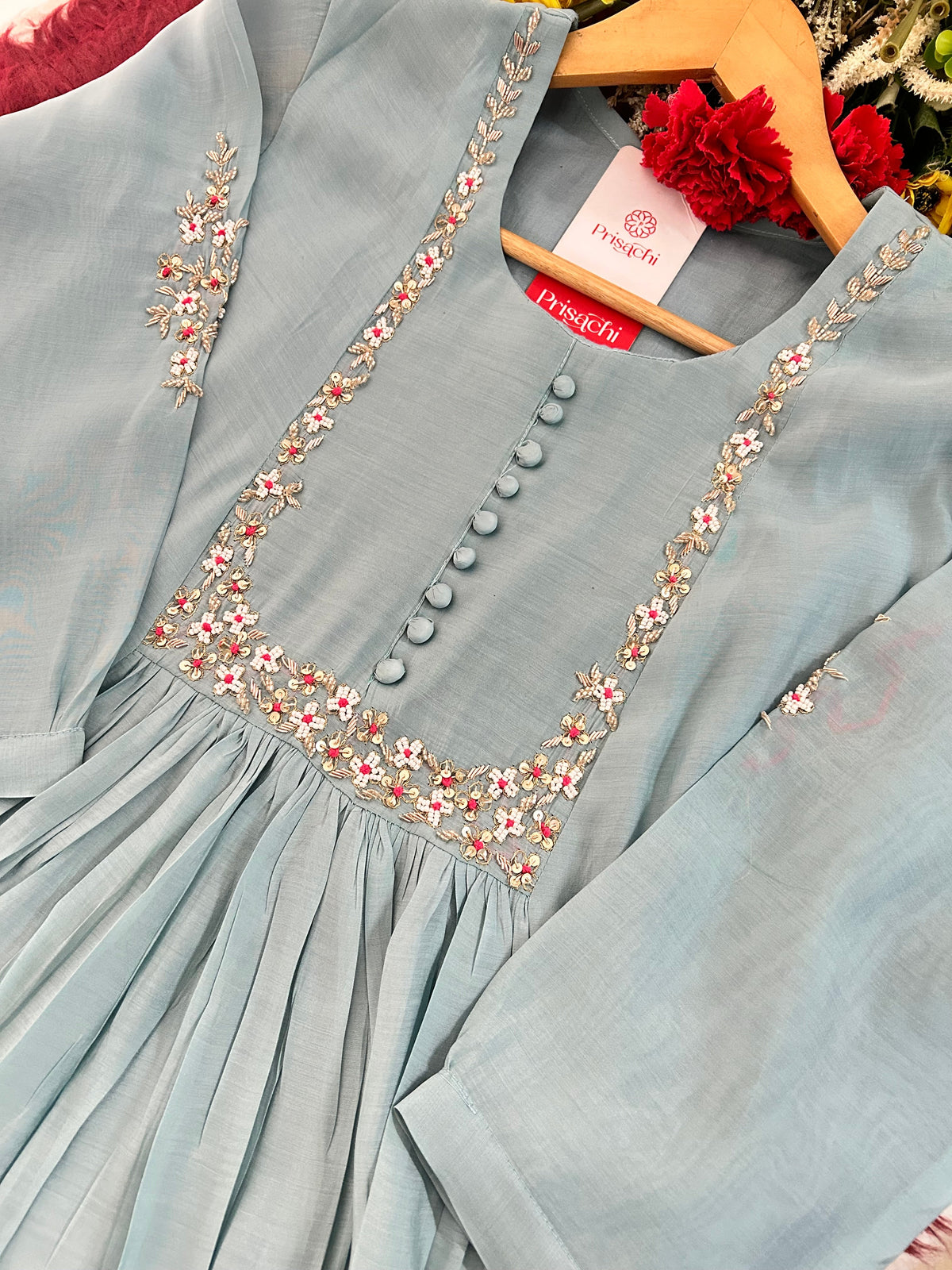Blue Embroidered A-Line Ethnic Kurta Set with Dupatta & Pants