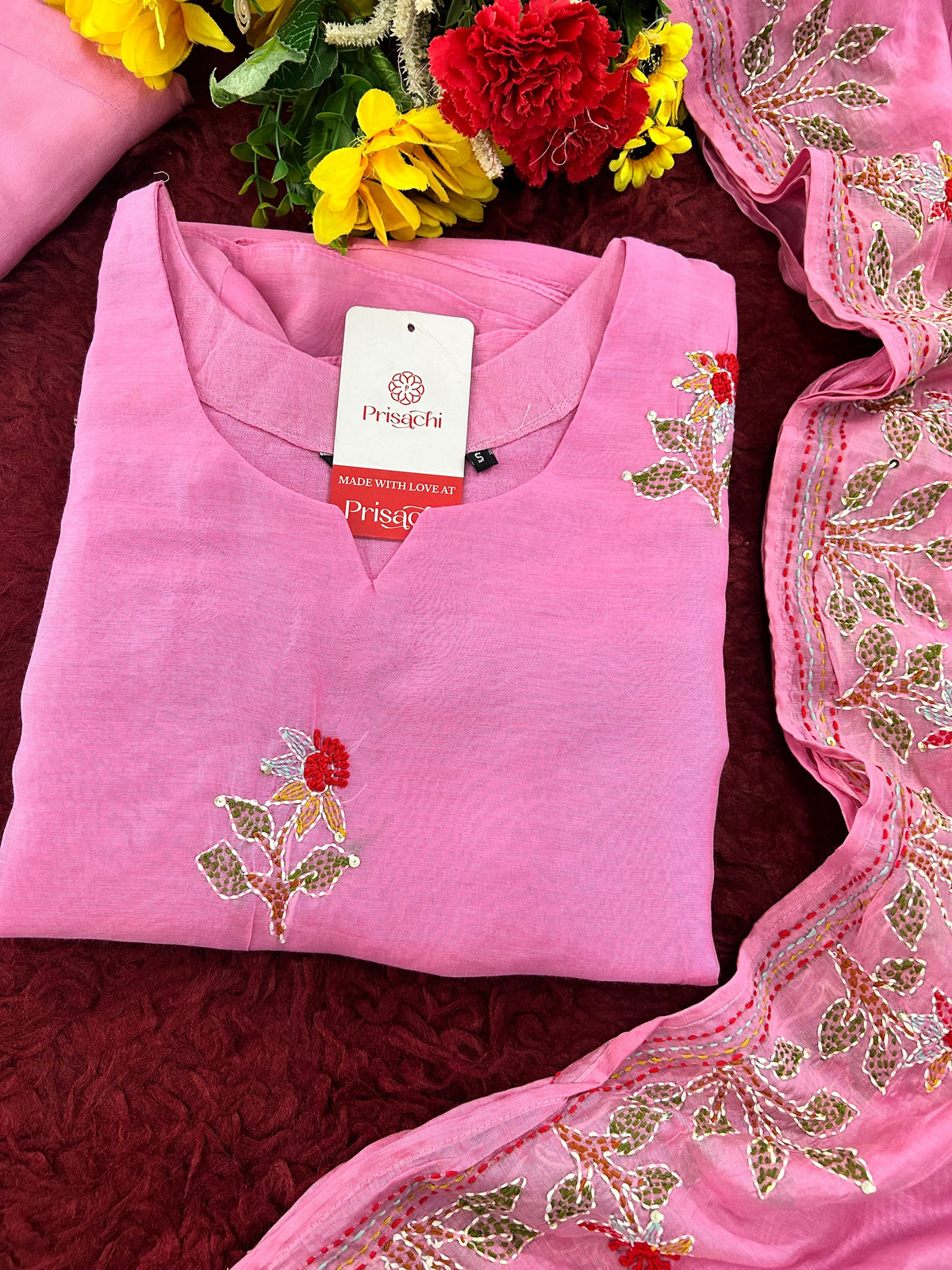 Pink Designer Ethnic A-Line Thread Embroidered Kurta Set with Dupatta and Pants