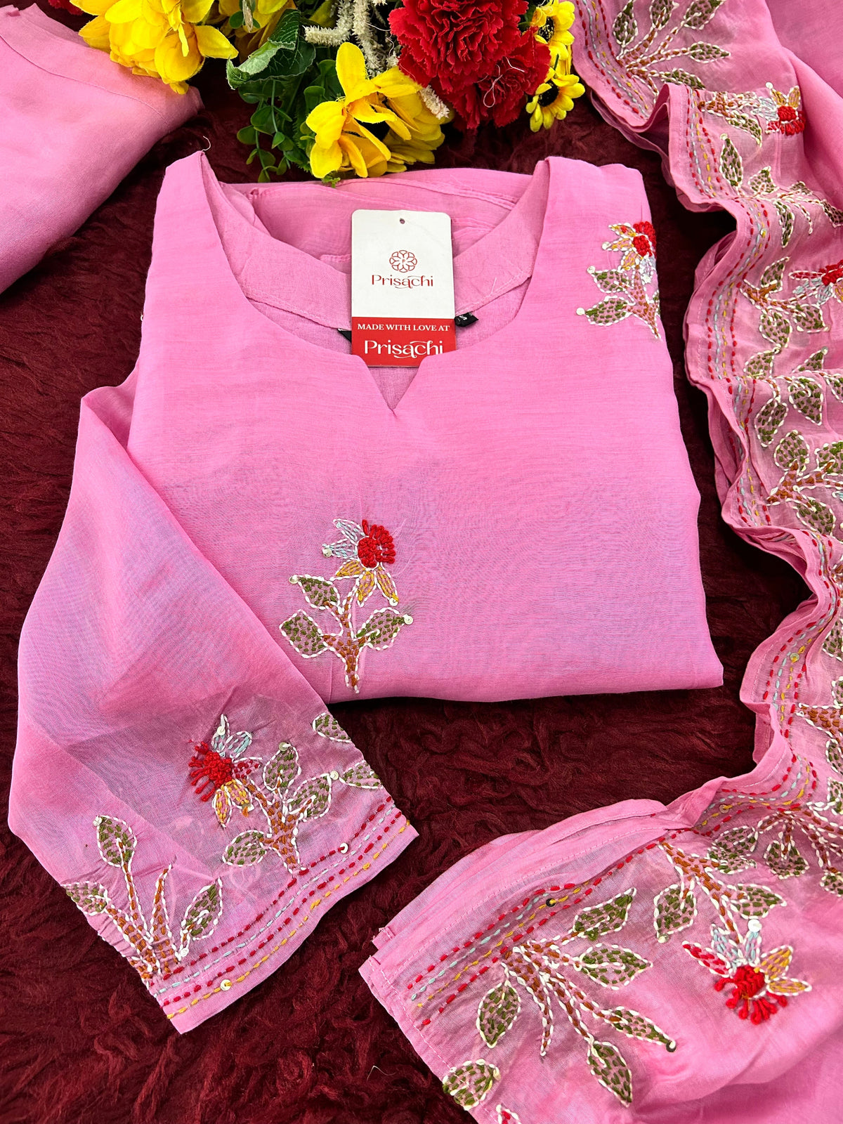 Pink Designer Ethnic A-Line Thread Embroidered Kurta Set with Dupatta and Pants