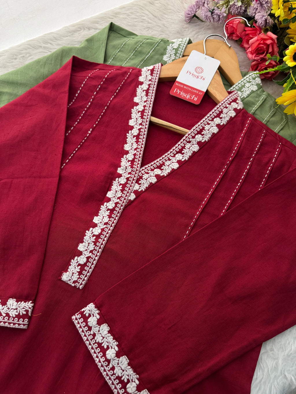 Red Short Straight Thread Embroidered Kurti for Women