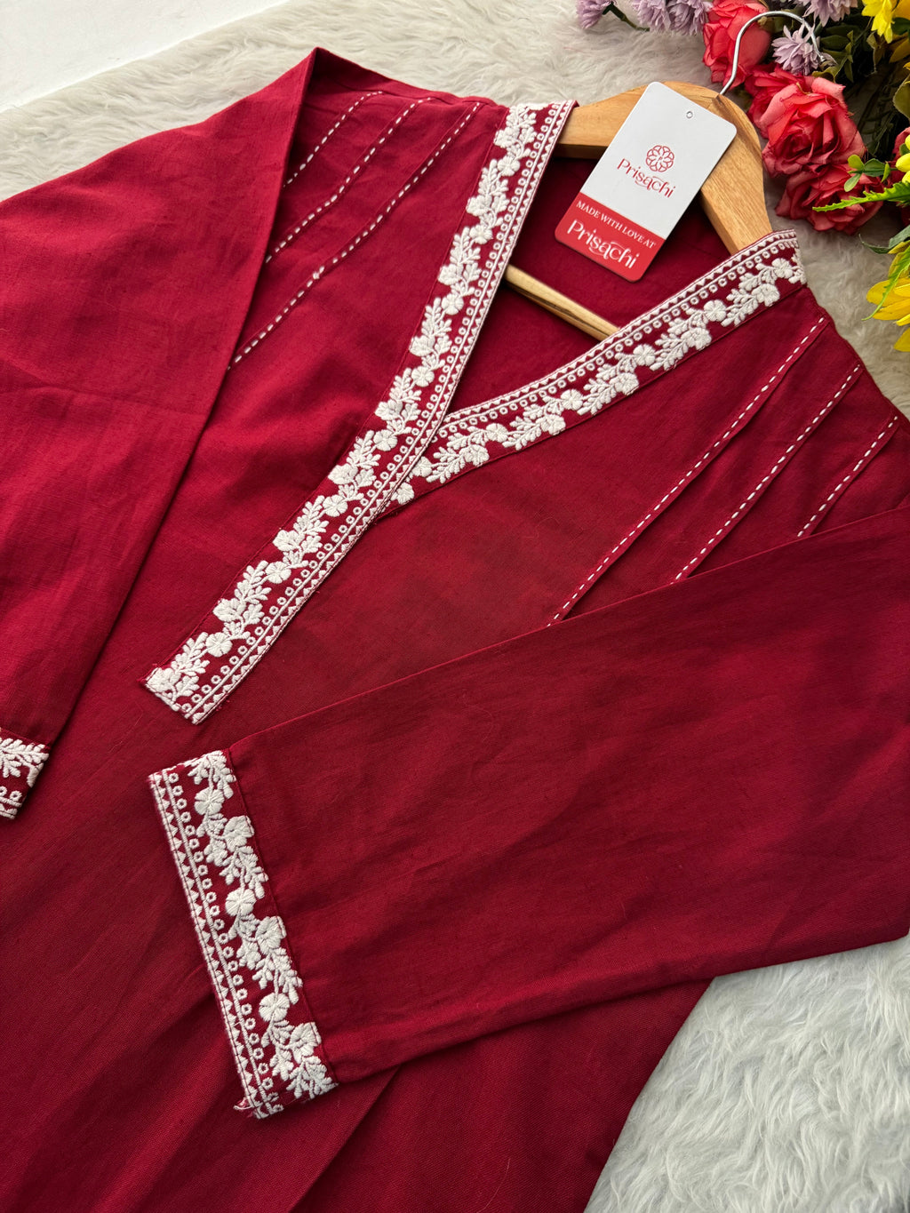 Red Short Straight Thread Embroidered Kurti for Women