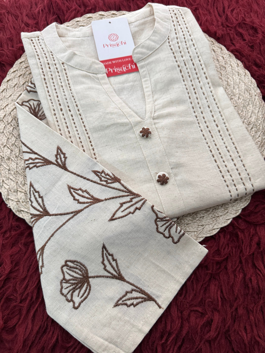 Off White Short Mandarin Collar Thread Embroidered Kurti for Women