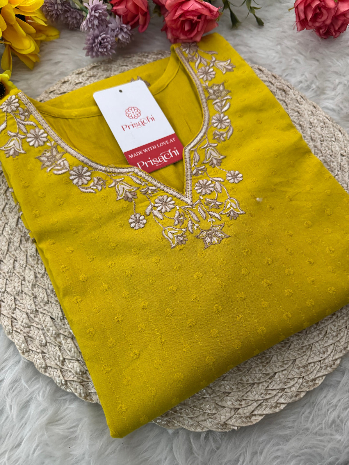 Yellow Short Thread Embroidered Kurti for Women