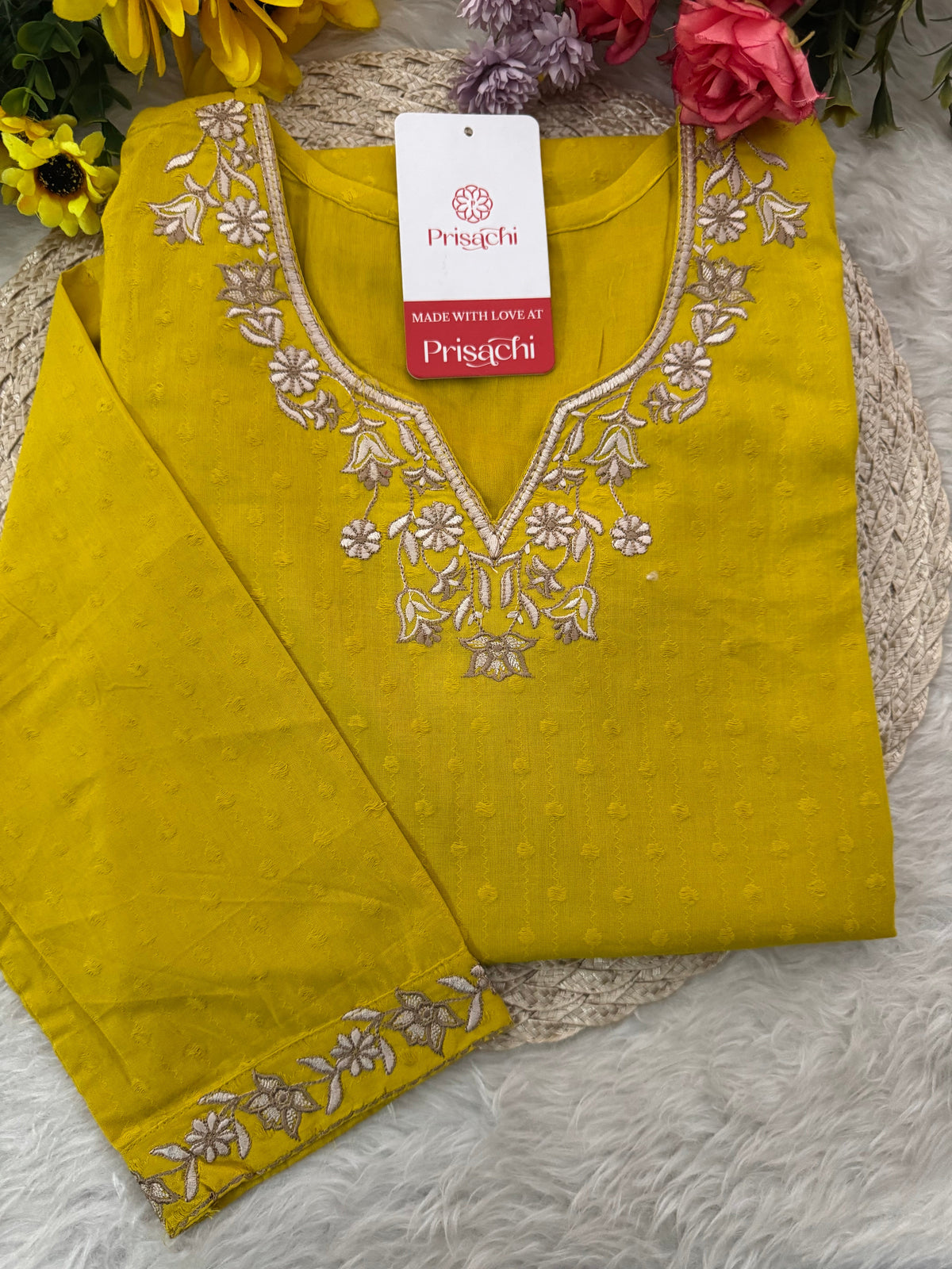 Yellow Short Thread Embroidered Kurti for Women
