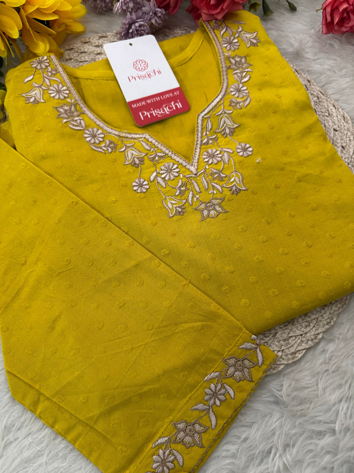 Yellow Short Thread Embroidered Kurti for Women