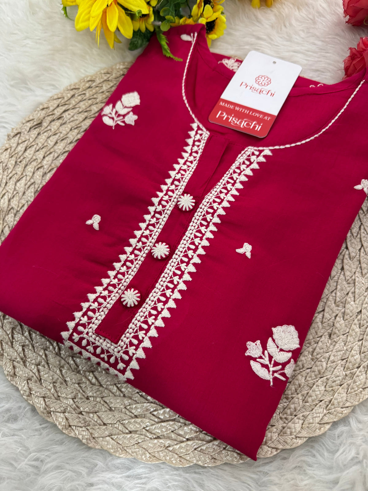 Pink Short Straight Thread Embroidered Kurti for Women