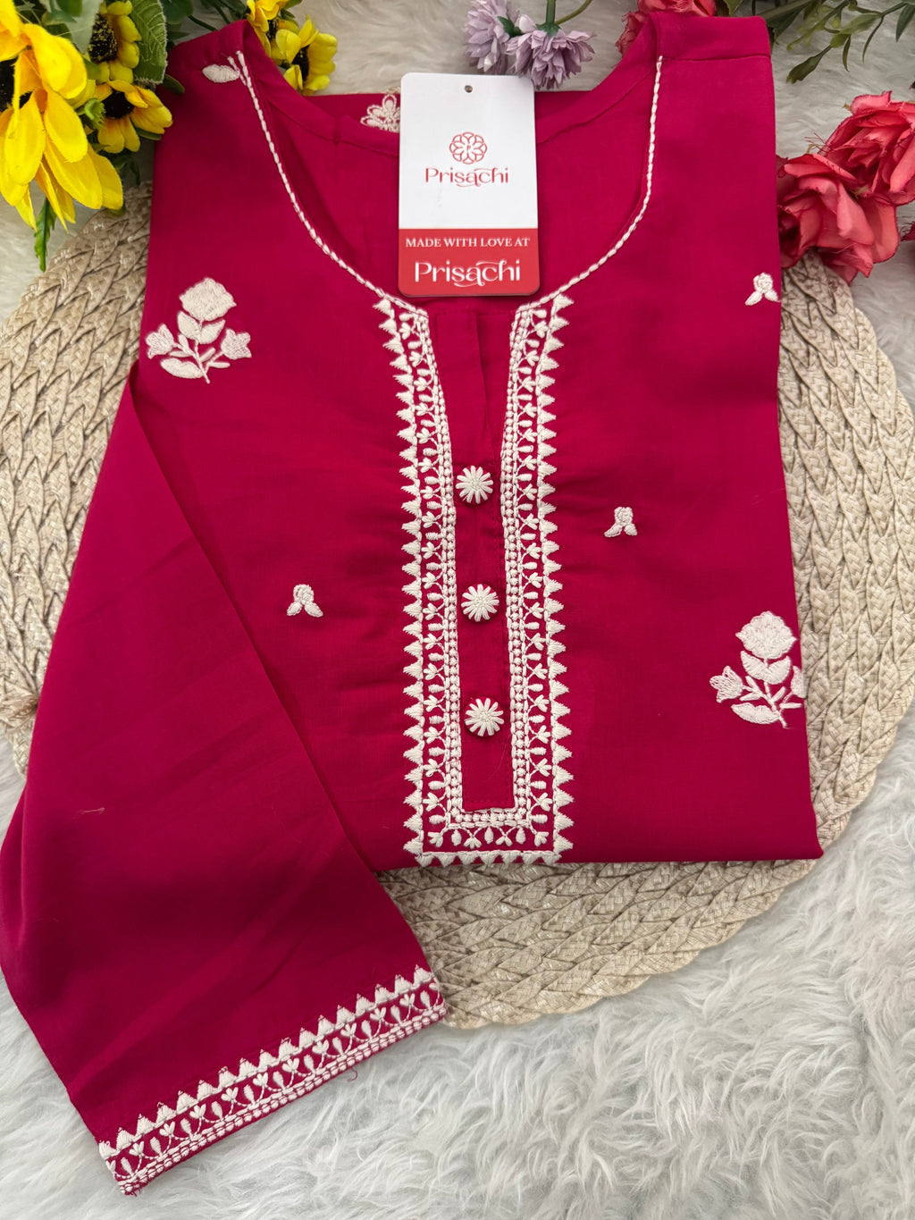 Pink Short Straight Thread Embroidered Kurti for Women