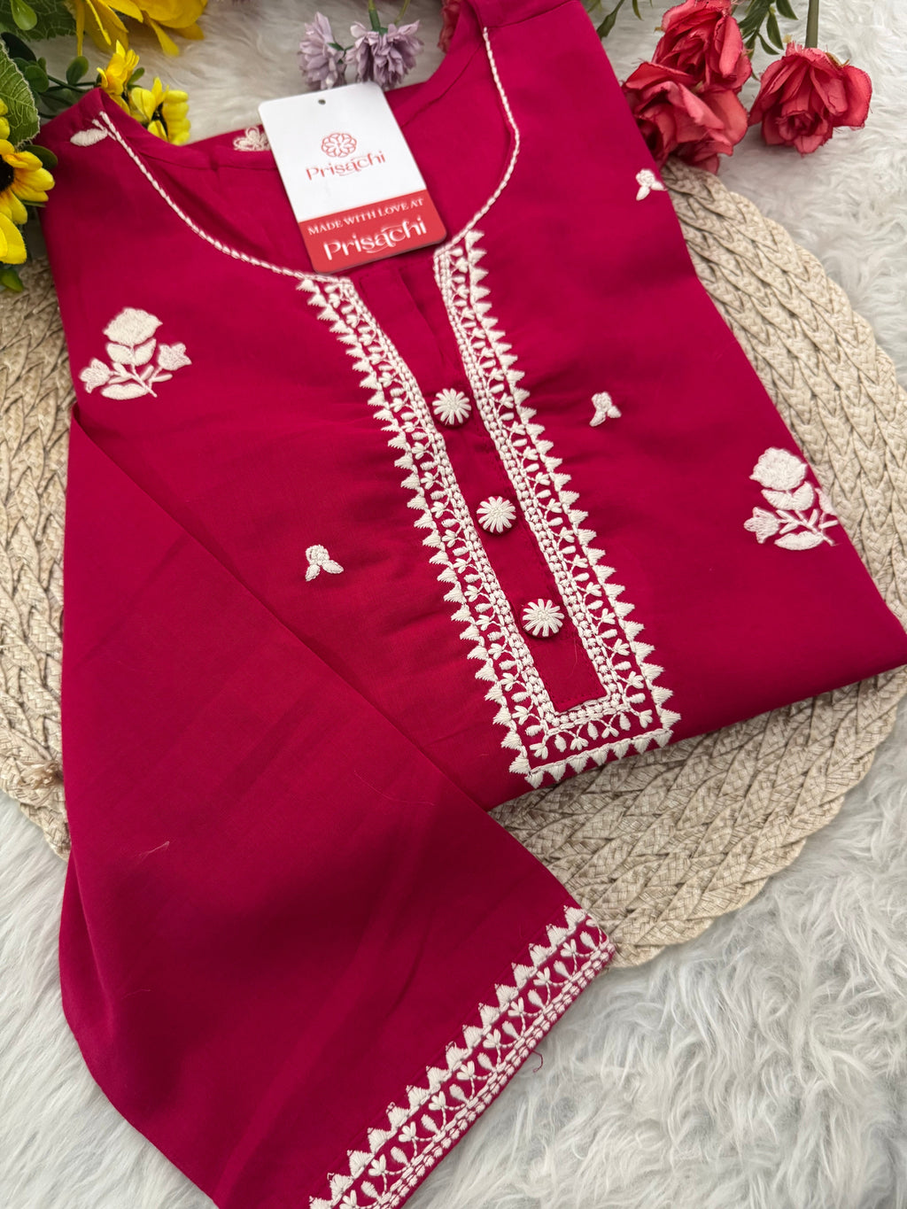 Pink Short Straight Thread Embroidered Kurti for Women