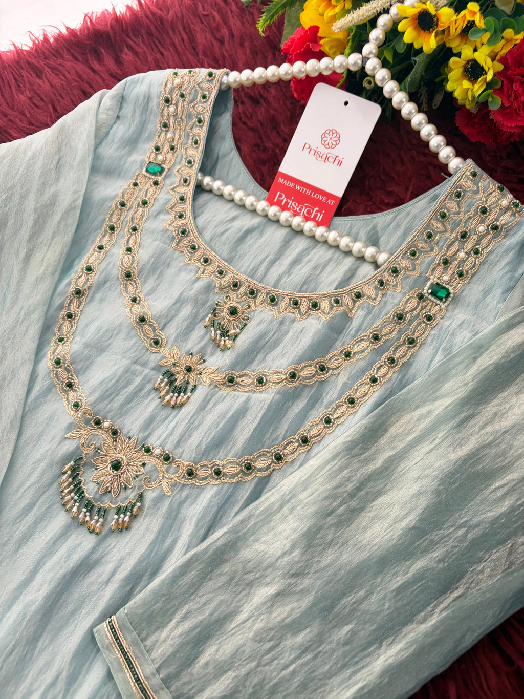 Sky Blue Zardozi Embroidered Ethnic A-Line Kurta Set for Women with Pants & Dupatta